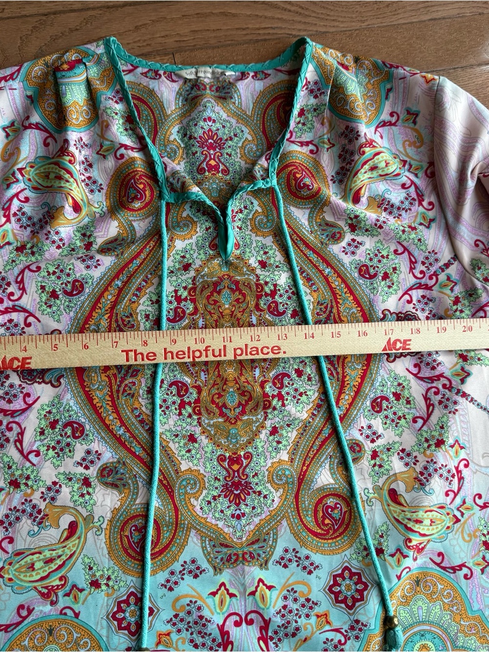 Boho Paisley Tassel Tunic Top | Aqua Pink Print | Size L - Picture 4 of 6